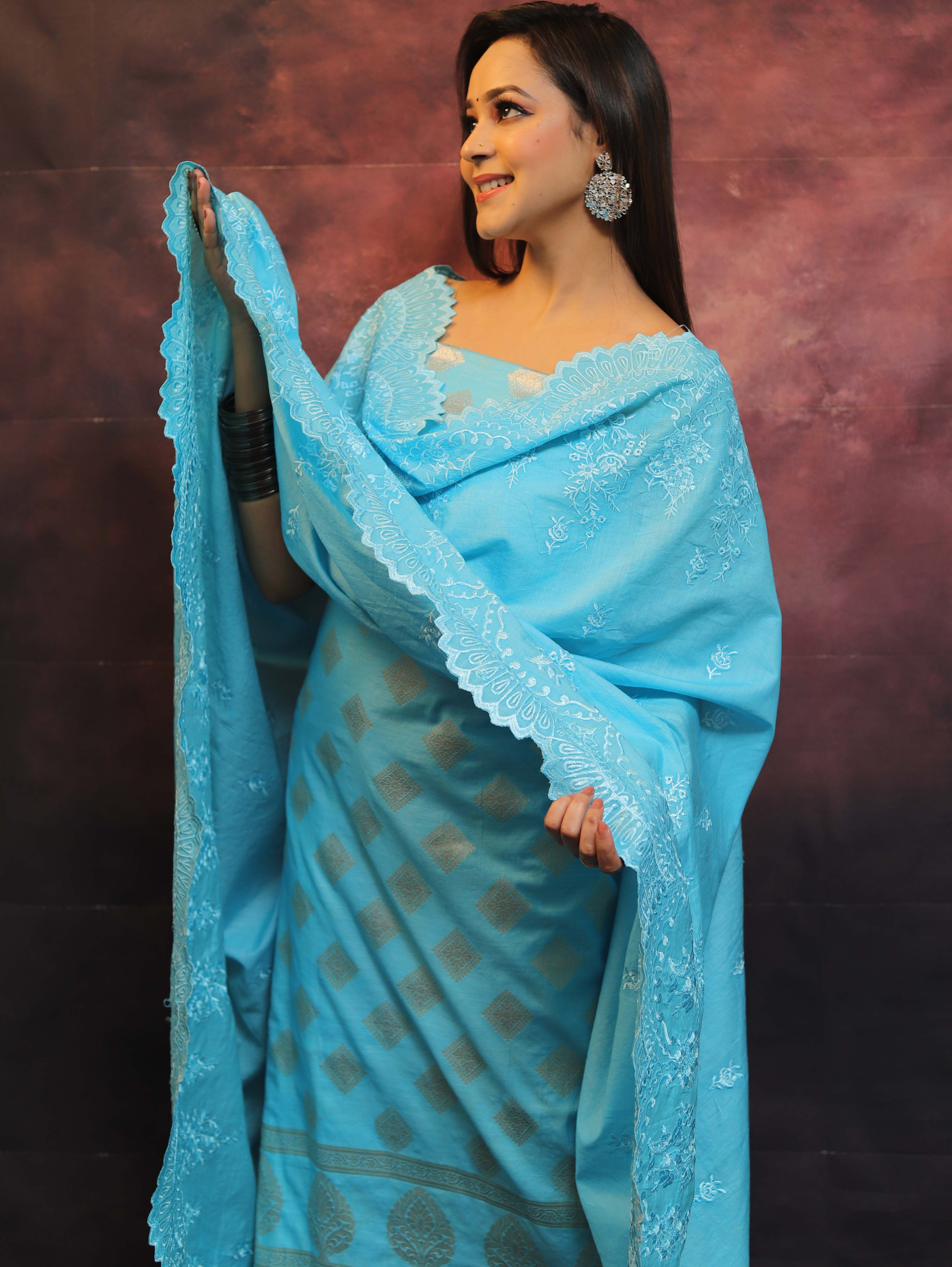 Banarasee Chanderi Cotton Salwar Kameez With Dupatta Set-Blue