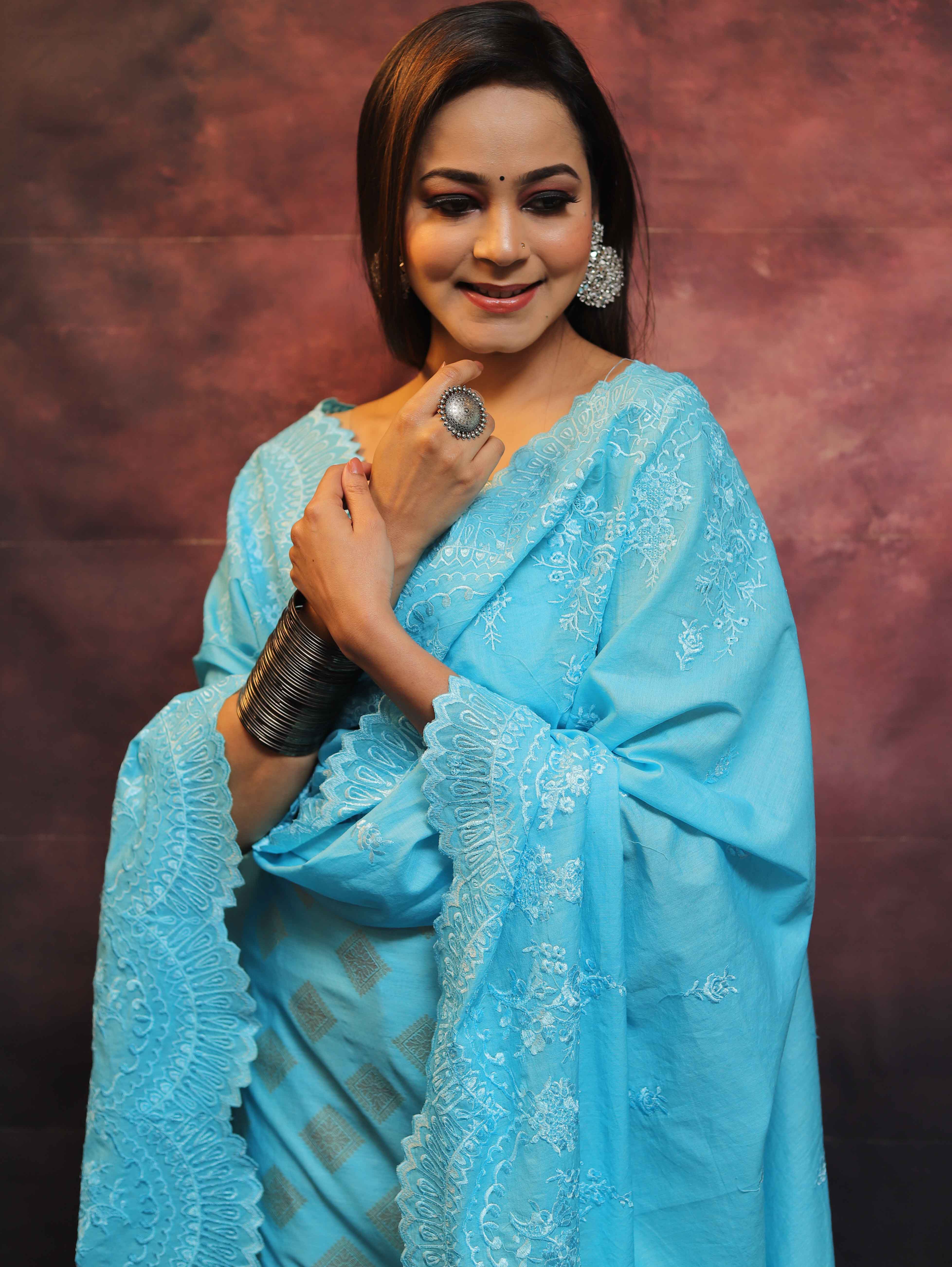 Banarasee Chanderi Cotton Salwar Kameez With Dupatta Set-Blue