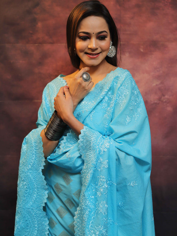 Banarasee Chanderi Cotton Salwar Kameez With Dupatta Set-Blue