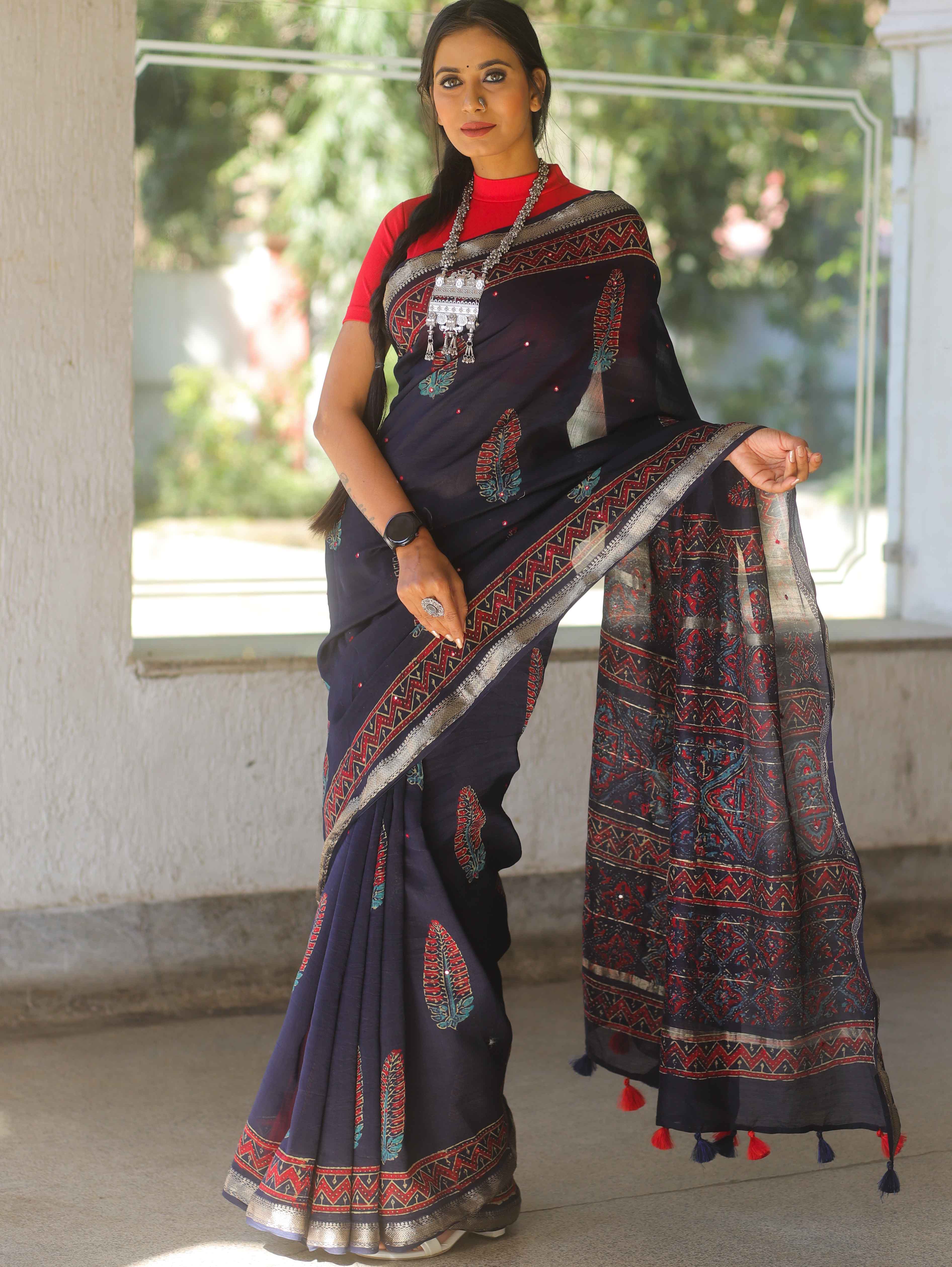 Handloom Maheshwari Silk Bagru Block Printed Mirror Work Saree-Blue