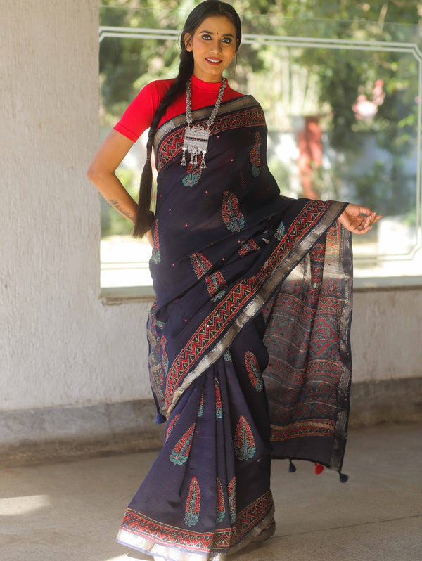 Handloom Maheshwari Silk Bagru Block Printed Mirror Work Saree-Blue