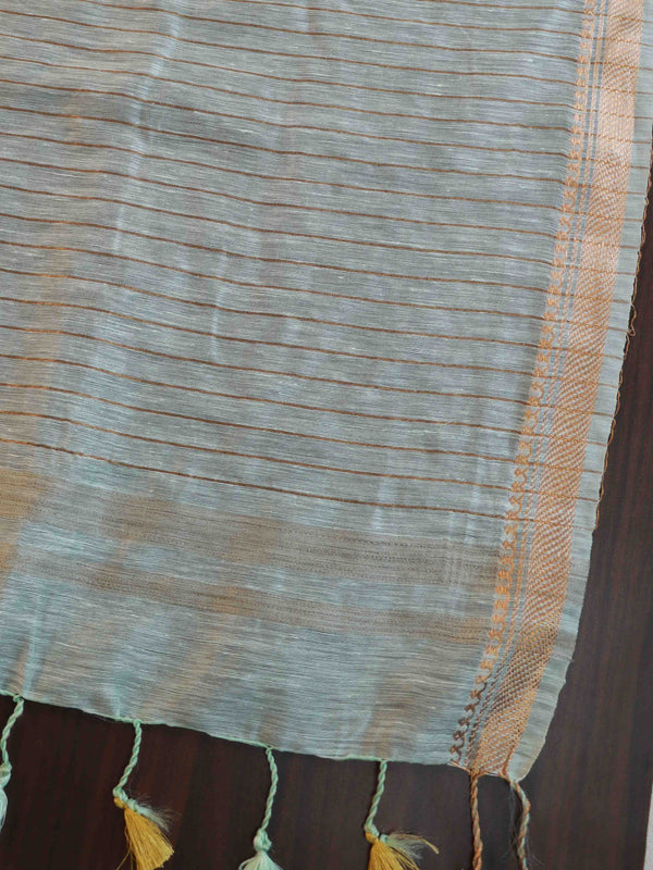 Bhagalpur Handloom Pure Linen By Mulberry Silk Saree With Embroidered Design-Light Blue