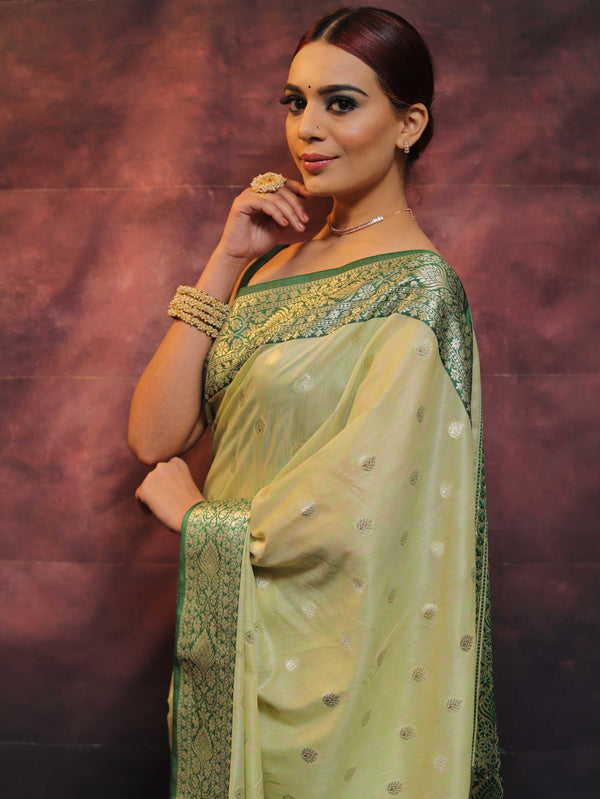 Banarasee Cotton Silk Mix Banswada Sari With Zari Buta & Contrast Border-Green