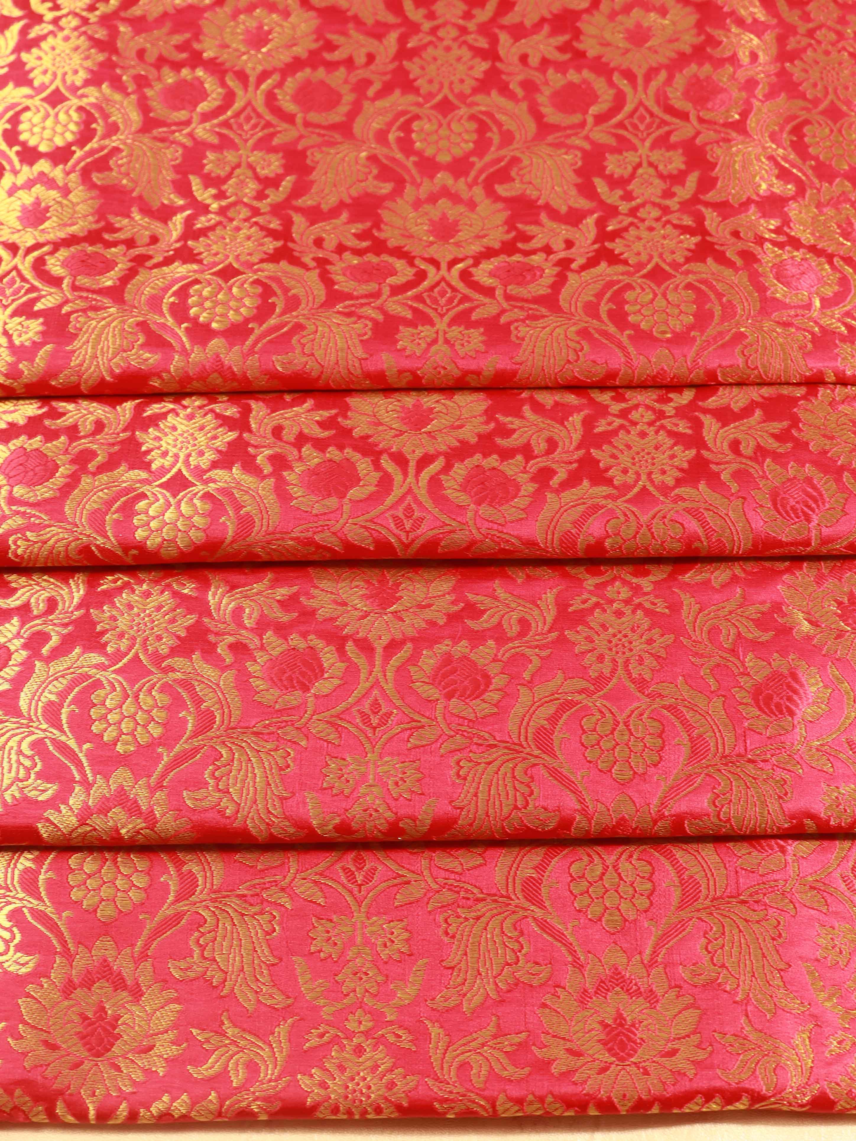 Banarasee Satin Brocade Gold Zari Jaal Design Fabric-Pink