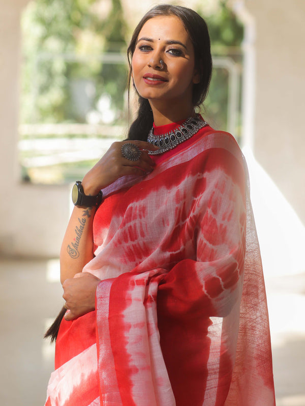 Bhagalpur Handloom Shibori Dyed Linen Saree-Red & White