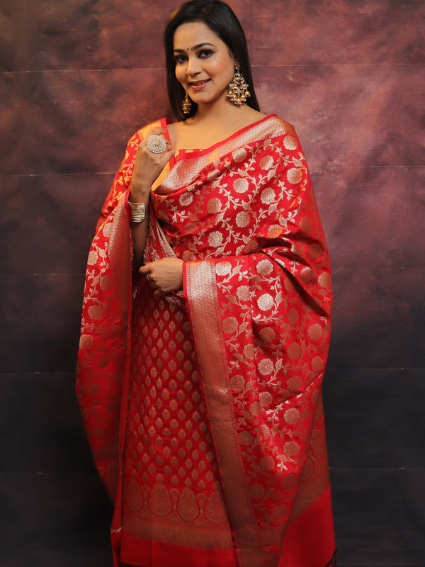 Banarasee Salwar Kameez Semi Katan Silk Fabric With Zari Work-Red