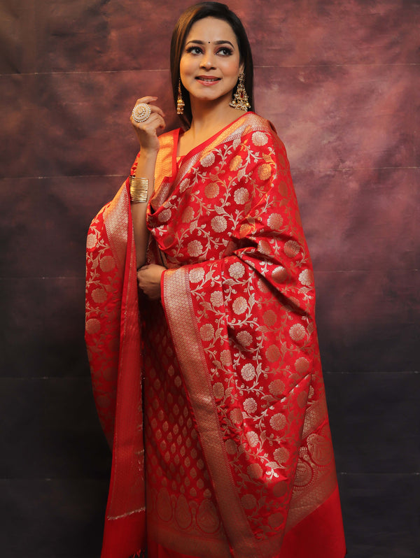 Banarasee Salwar Kameez Semi Katan Silk Fabric With Zari Work-Red