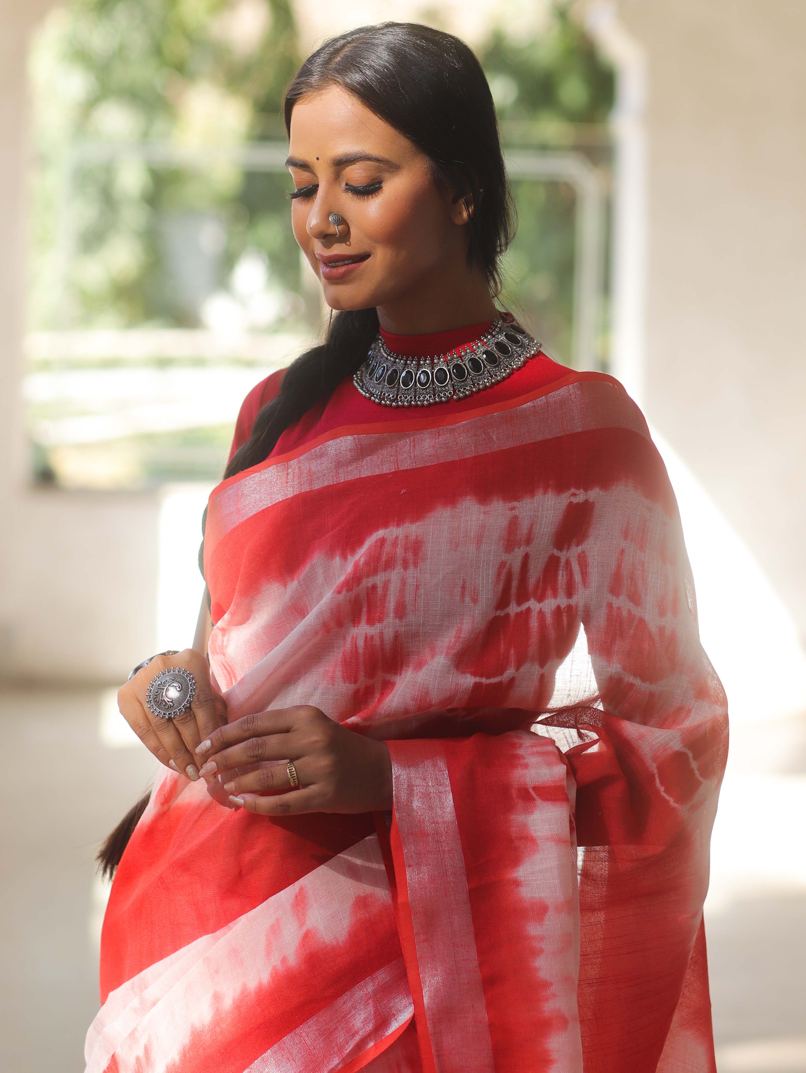 Bhagalpur Handloom Shibori Dyed Linen Saree-Red & White