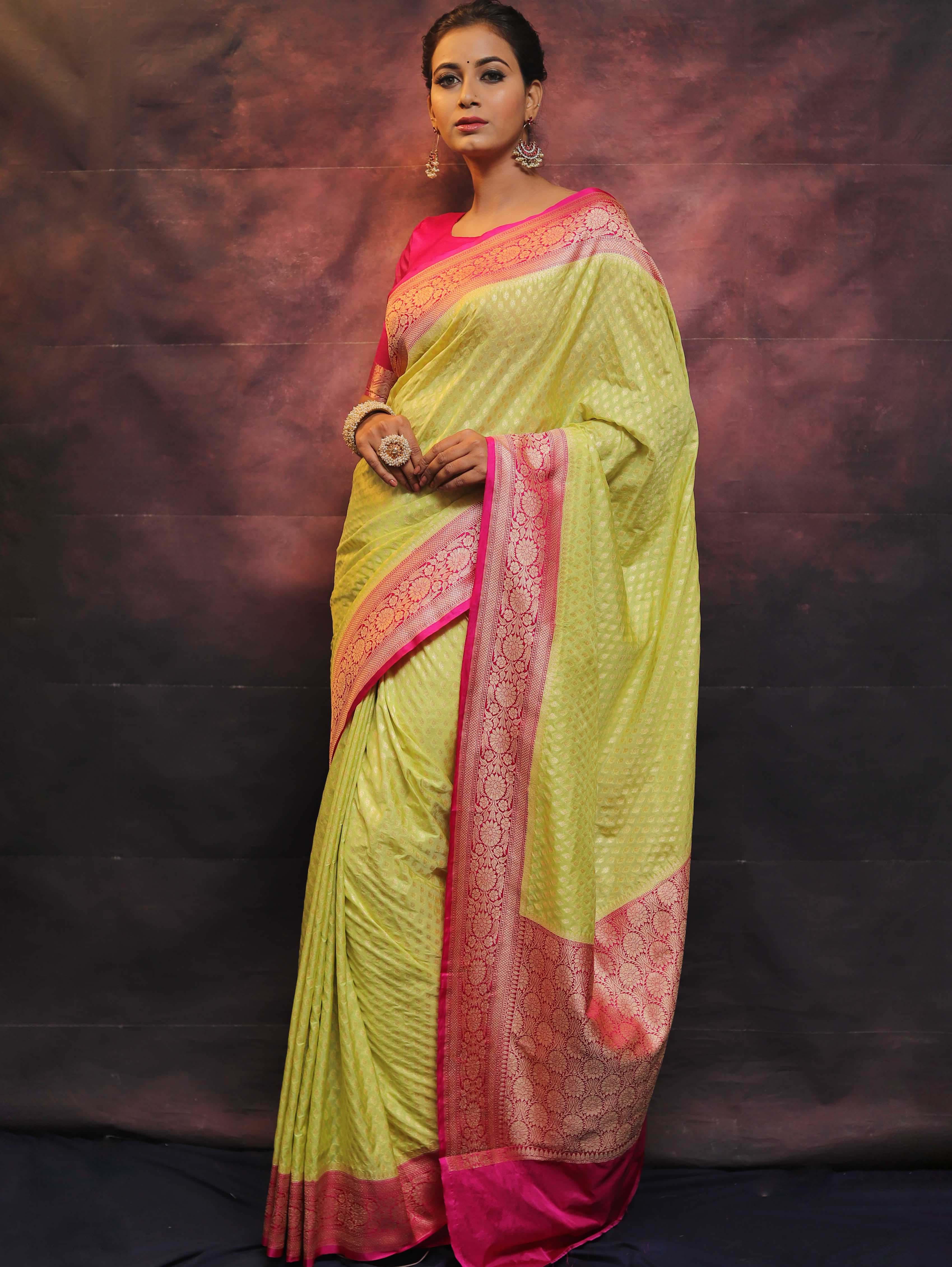 Banarasee Semi-Katan Zari Buta Saree-Yellow & Pink