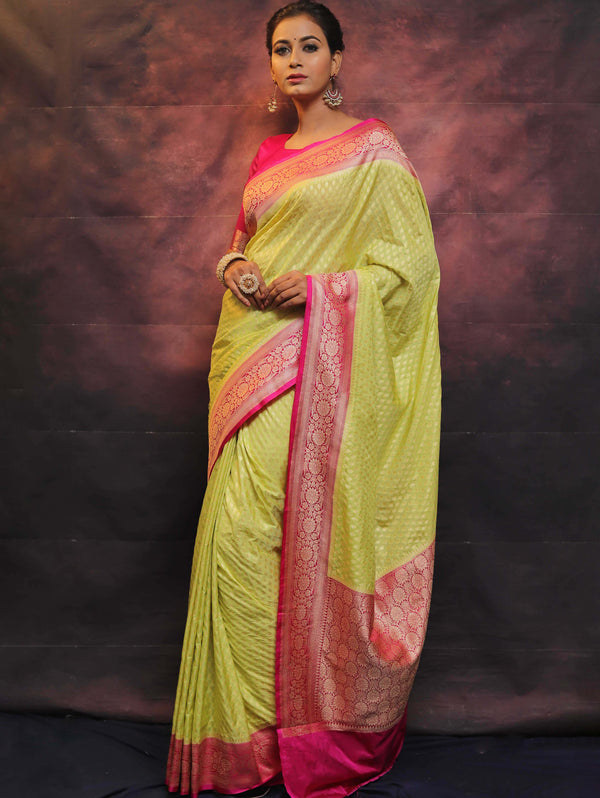 Banarasee Semi-Katan Zari Buta Saree-Yellow & Pink