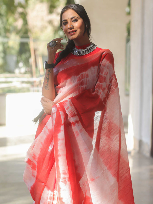 Bhagalpur Handloom Shibori Dyed Linen Saree-Red & White