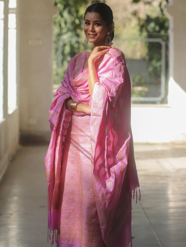 Banarasee Semi Katan Silk Salwar Kameez Fabric With Dupatta Zari Work-Pink
