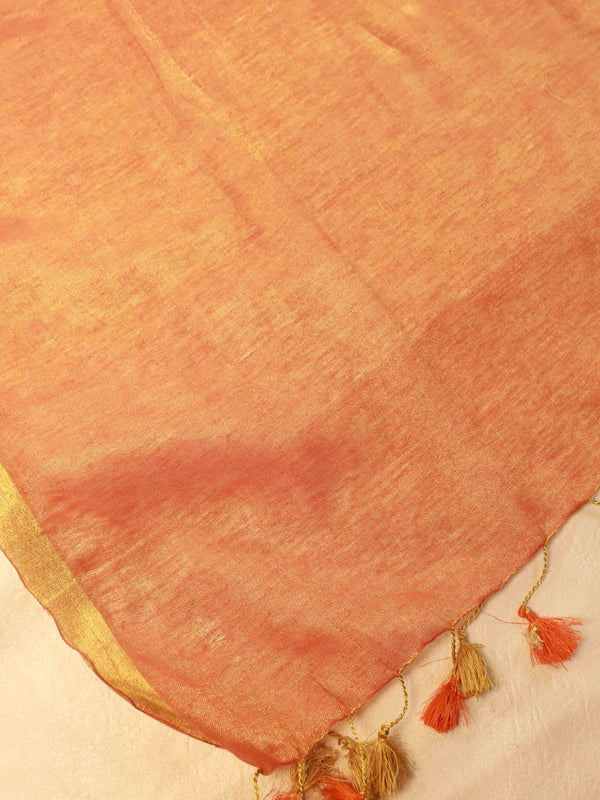 Banarasee Pure Linen By Tissue Metallic Shine Saree With Brocade Blouse-Peach