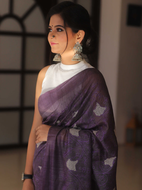 Bhagalpur Cotton Silk Ghichha Work Embroidered Saree-Violet