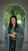 Banarasee Chanderi Cotton Salwar Kameez Fabric With Antique Zari & Contrast Dupatta-Black & Green