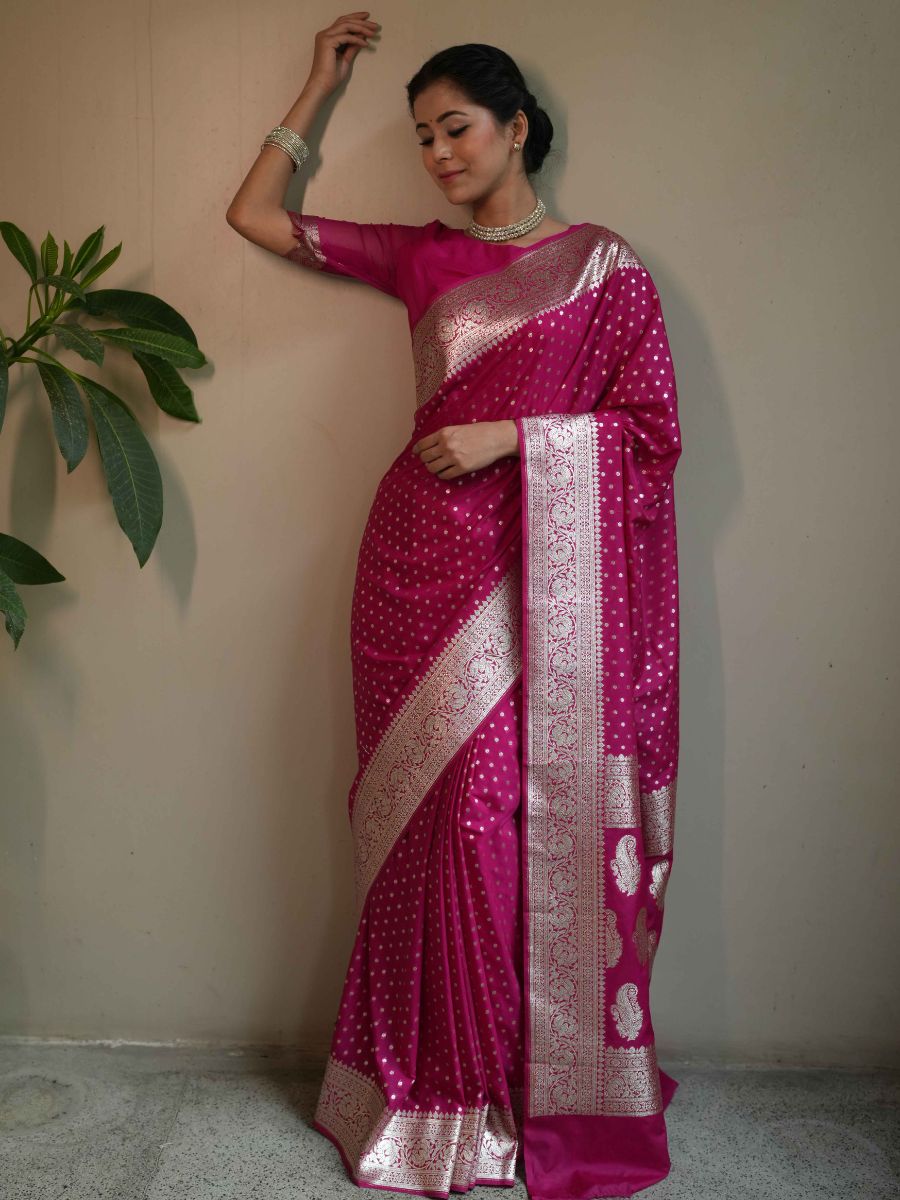 Banarasee Handwoven Faux Georgette Saree With Gold Zari Design-Pink