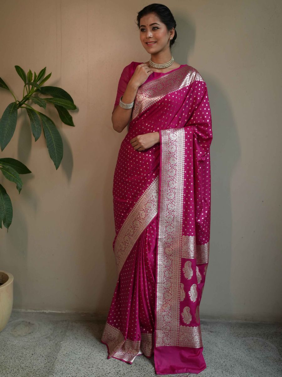 Banarasee Handwoven Faux Georgette Saree With Gold Zari Design-Pink