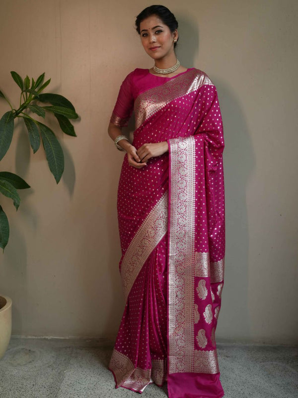 Banarasee Handwoven Faux Georgette Saree With Gold Zari Design-Pink