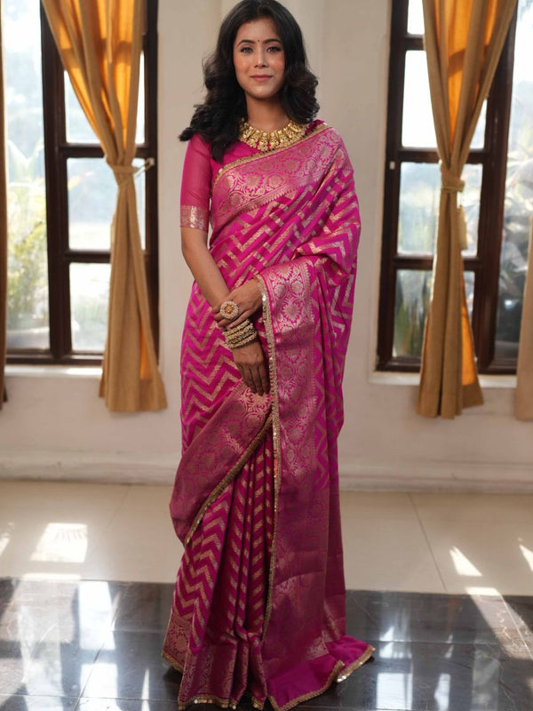 Banarasee Handwoven Semi Silk Saree With Zari Design & Lace-Pink