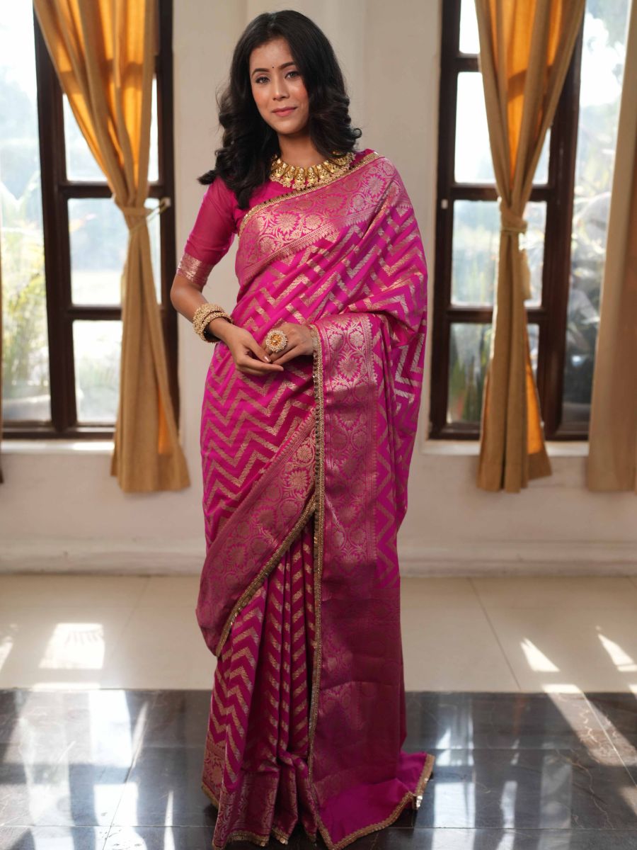 Banarasee Handwoven Semi Silk Saree With Zari Design & Lace-Pink