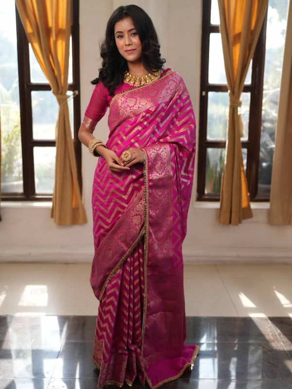 Banarasee Handwoven Semi Silk Saree With Zari Design & Lace-Pink