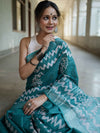 Bhagalpur Handloom Pure Linen Cotton Batik Pattern Saree-Teal Green