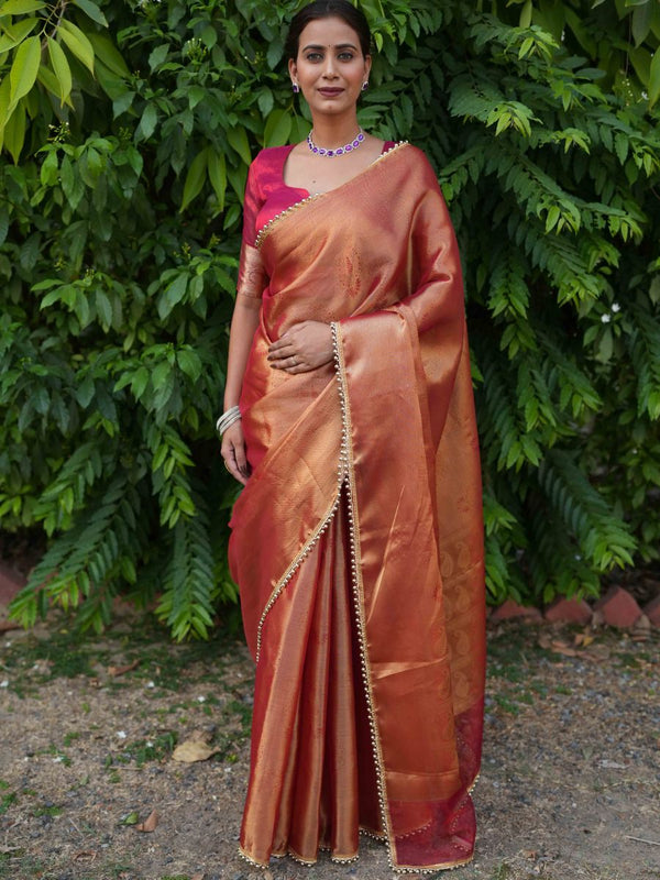 Banarasee Handwoven Tissue Zari Jaal Design Saree With Broder & Lace-Red