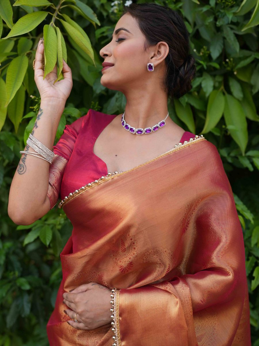 Banarasee Handwoven Tissue Zari Jaal Design Saree With Broder & Lace-Red