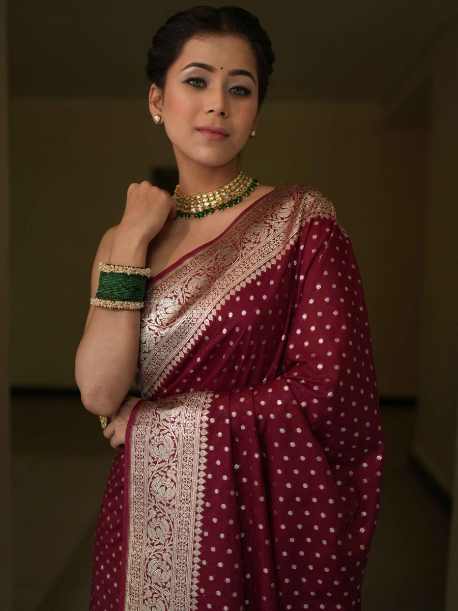 Banarasee Handwoven Faux Georgette Saree With Silver Zari Design-Maroon
