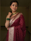Banarasee Handwoven Faux Georgette Saree With Silver Zari Design-Maroon