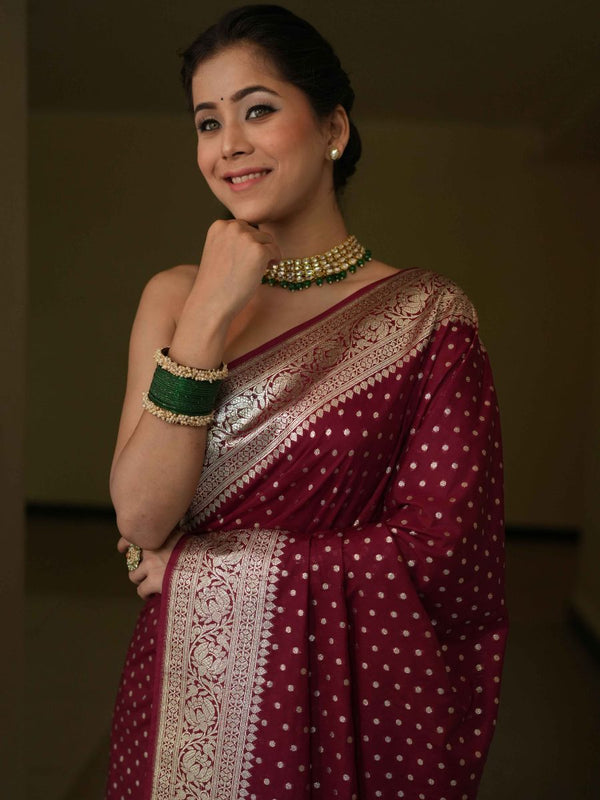 Banarasee Handwoven Faux Georgette Saree With Silver Zari Design-Maroon