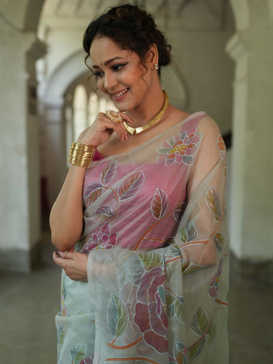 Banarasee Handwoven Organza Silk Hand-Painted & Embroidered Saree-Grey