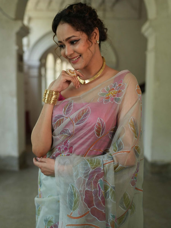 Banarasee Handwoven Organza Silk Hand-Painted & Embroidered Saree-Grey