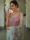 Banarasee Handwoven Organza Silk Hand-Painted & Embroidered Saree-Grey