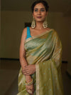 Banarasee Handwoven Mirror Work Crushed Tissue Saree With Lace With Contrast Blouse-Light Green