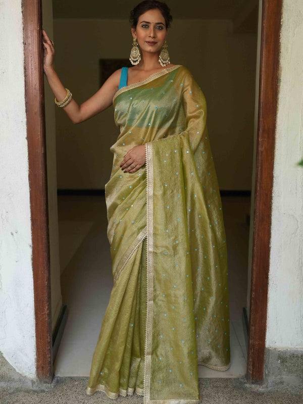 Banarasee Handwoven Mirror Work Crushed Tissue Saree With Lace With Contrast Blouse-Light Green