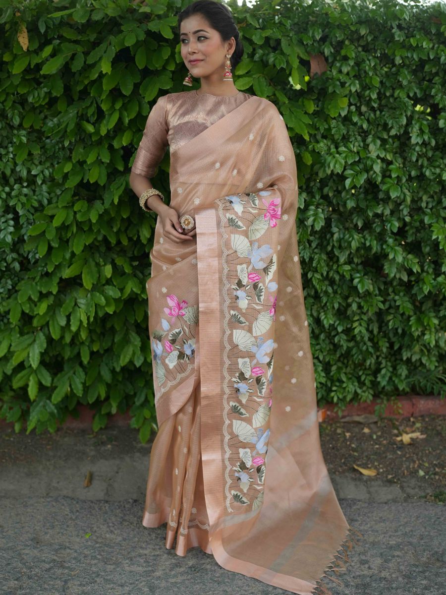 Banarasee Handwoven Tissue Saree With Embroidered Design & Zari Border-Rose Gold