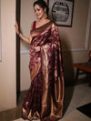 Banarasee Handwoven Semi Katan Saree With Sona Rupa Zari Jaal Design & Border-Maroon