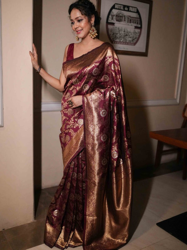 Banarasee Handwoven Semi Katan Saree With Sona Rupa Zari Jaal Design & Border-Maroon