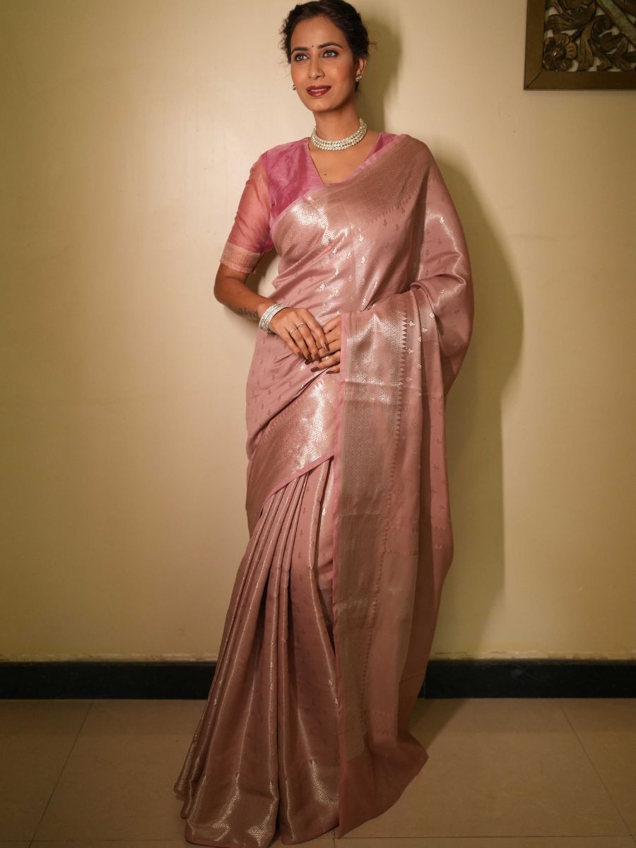 Banarasee Handwoven Tissue Saree Zari Design & Border-Onion Pink