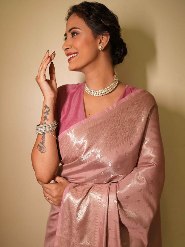Banarasee Handwoven Tissue Saree Zari Design & Border-Onion Pink