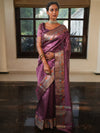 Banarasee Handwoven Plain Tissue Saree With Zari Border-Plum