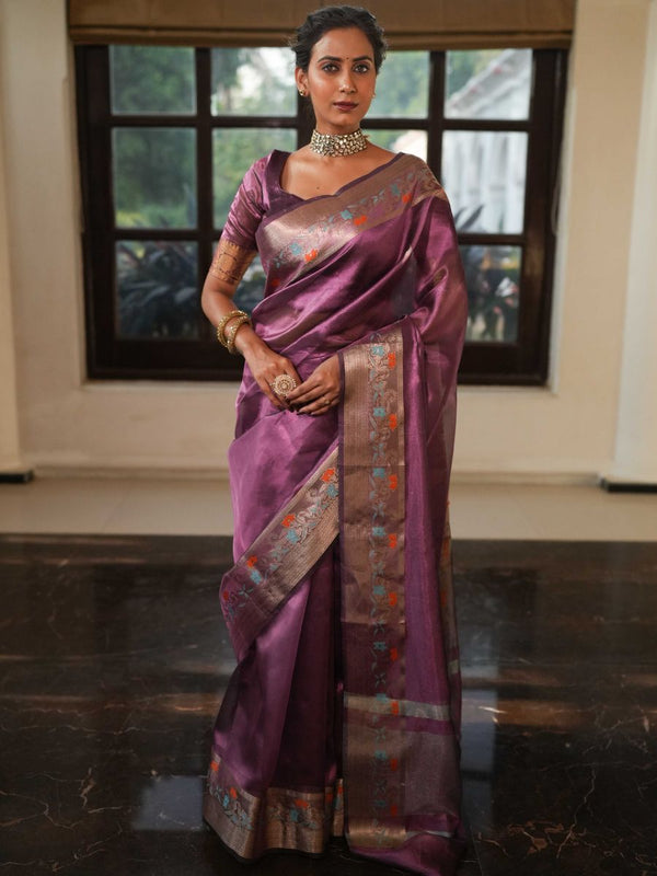 Banarasee Handwoven Plain Tissue Saree With Zari Border-Plum
