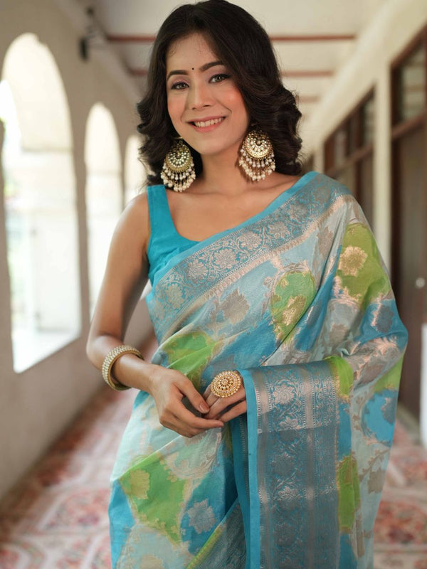 Banarasee Handwoven Cotton Silk Saree With Zari Jaal Design & Border-Blue