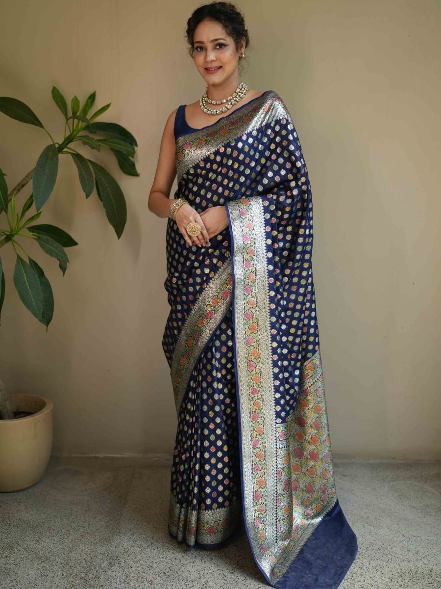 Banarasee Handwoven Faux Georgette Saree With Hand-Painted & Silver Zari Design-Blue