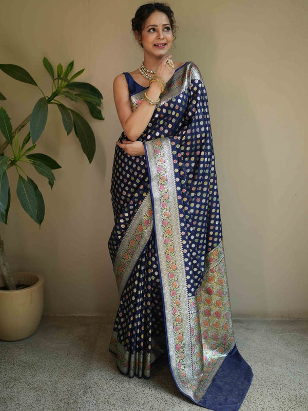 Banarasee Handwoven Faux Georgette Saree With Hand-Painted & Silver Zari Design-Blue