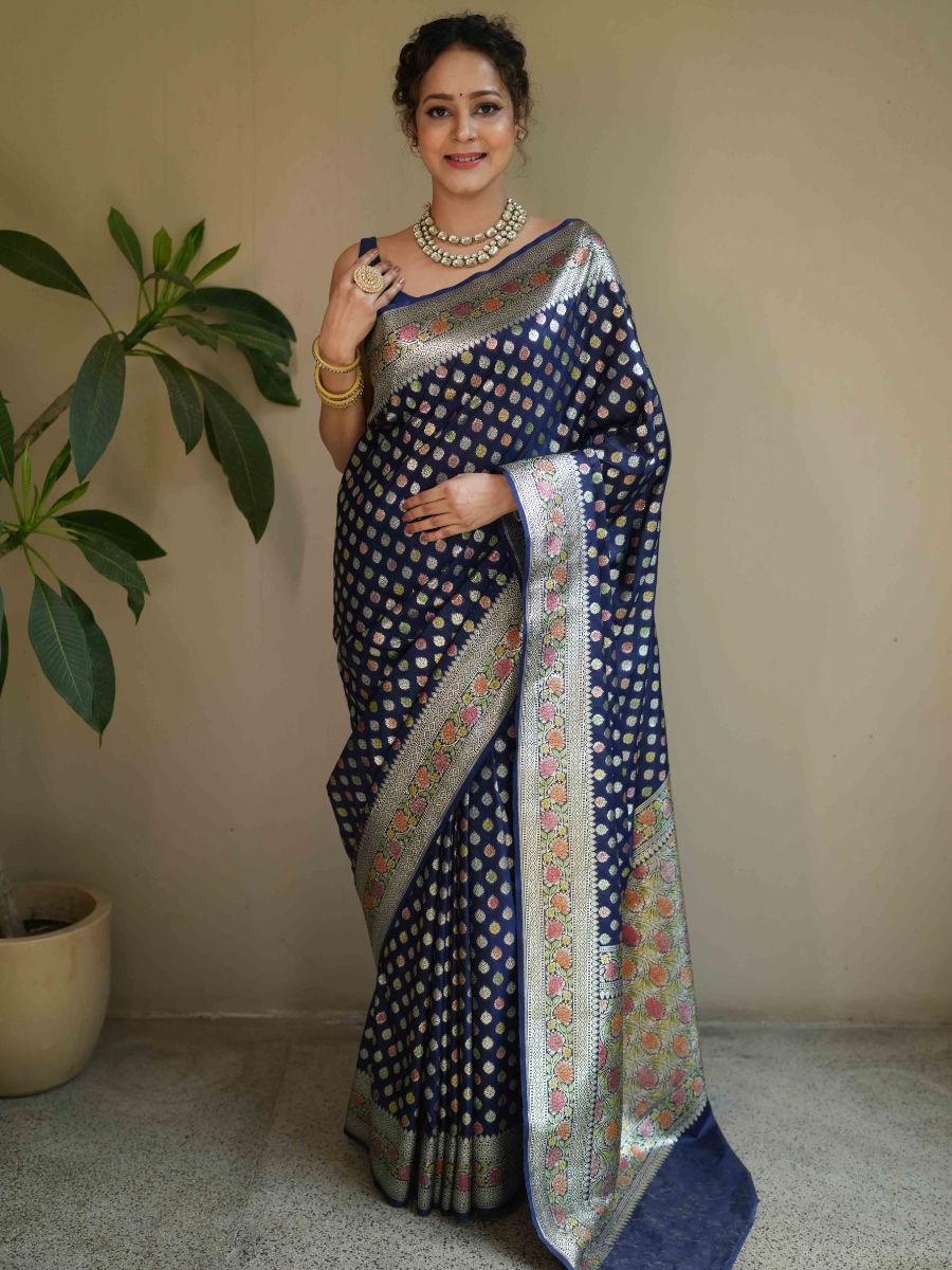 Banarasee Handwoven Faux Georgette Saree With Hand-Painted & Silver Zari Design-Blue