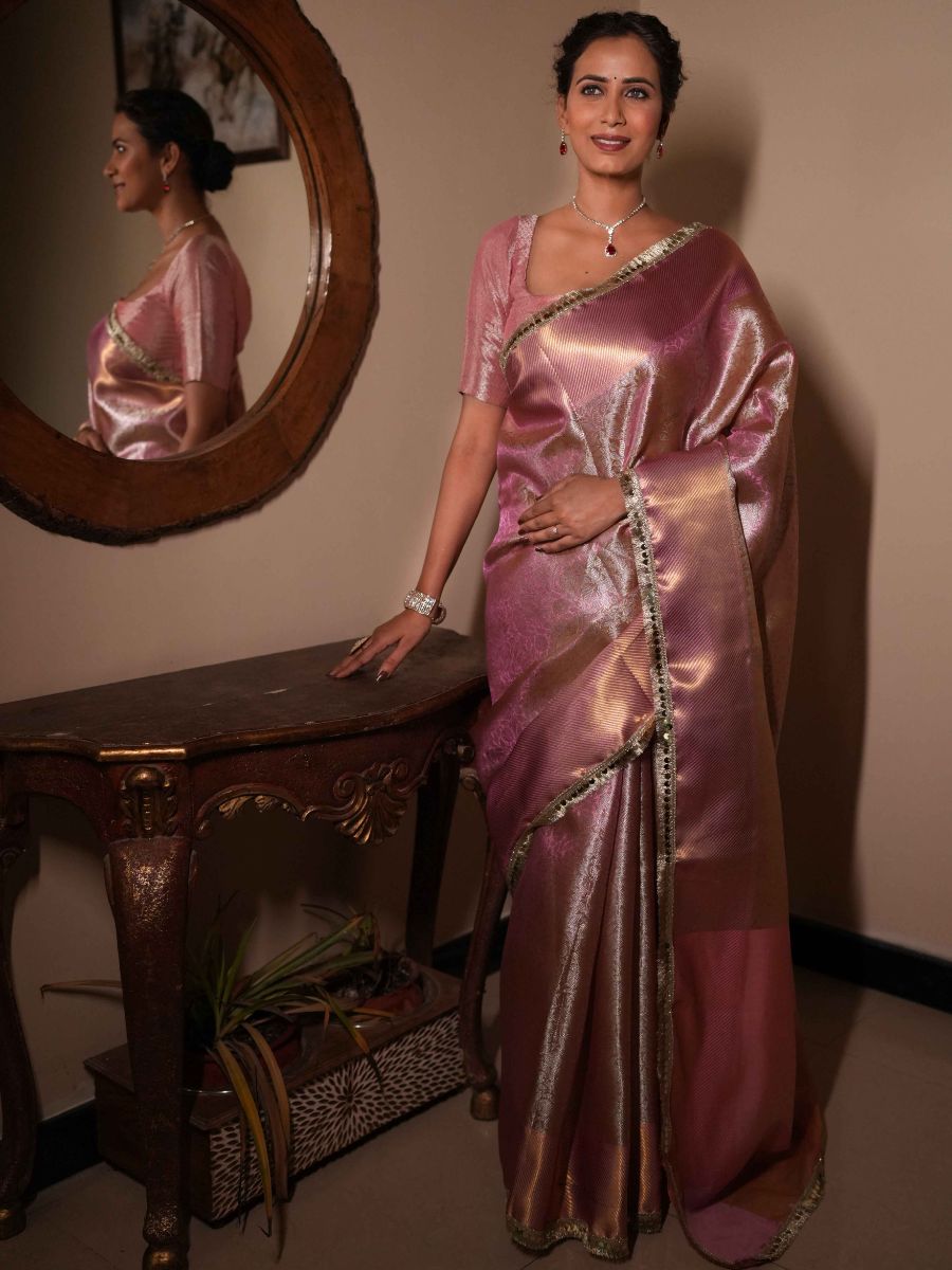 Banarasee Handwoven Tissue Saree With Zari Jaal Design & Border Lace-Pink (Dual Shade)