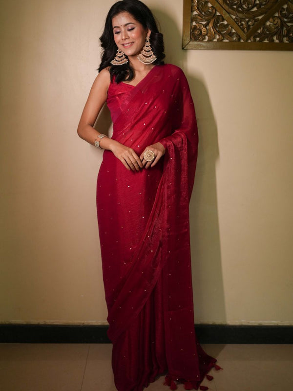 Banarasee Dual Shaded Chiffon Saree With Mirror Work-Red