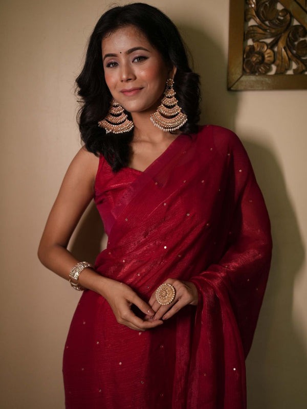 Banarasee Dual Shaded Chiffon Saree With Mirror Work-Red